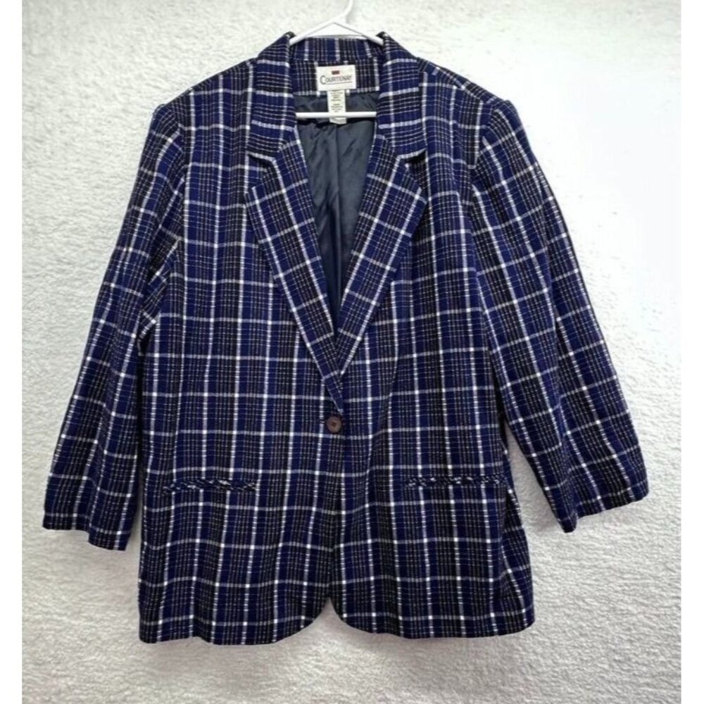 Vintage‎ Courtenay Womens Wool Blazer Sz 20 Navy Blue Plaid  Shoulder Pads Lined